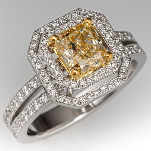 Fancy Light Yellow Diamond Engagement Ring w/ Double Halo 1.05ct SI2