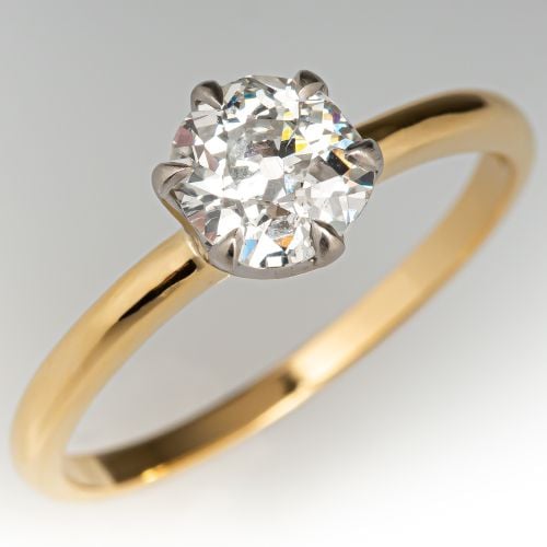 Solitaire Old Mine Cut Diamond Engagement Ring 18K Yellow Gold & Platinum