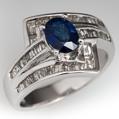 Oval Cut Blue Sapphire Ring w/ Baguette Diamonds 18K White Gold