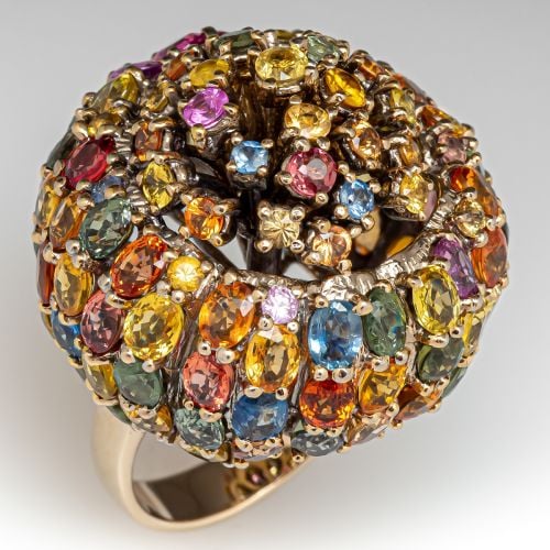 Multi-Color Sapphire Cluster Cocktail Ring 18K Yellow Gold