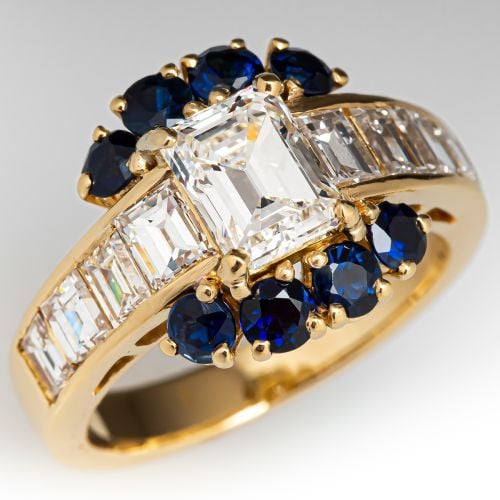 Emerald Cut Diamond Ring w/ Sapphires 18K Yellow Gold 1.17ct F/VS1 GIA