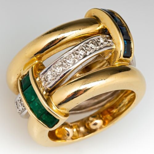 Emerald, Sapphire & Diamond Wide Three Band Ring 18K Two Tone Gold