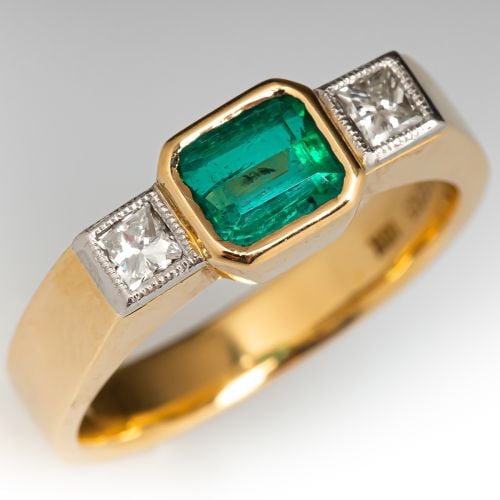 Bezel Set Emerald Ring w/ Diamond Accents 18K Yellow Gold