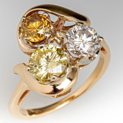 Freeform Three Stone Fancy Diamond Ring 14K Yellow Gold