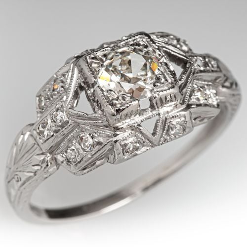 Circa 1930's Unique Diamond Engagement Ring w/ Accents .38ct I/SI1
