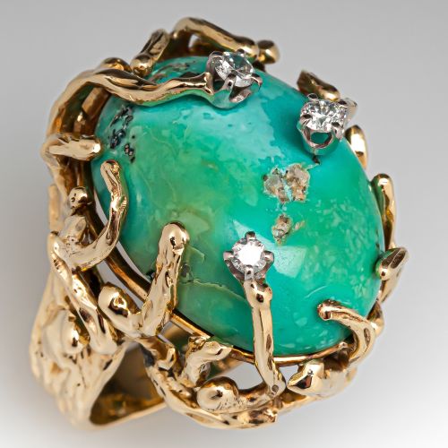 Turquoise Cocktail Ring w/ Diamonds 14K Yellow Gold