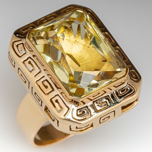 Citrine Cocktail Ring w/ Greek Key Design 14K Yellow Gold
