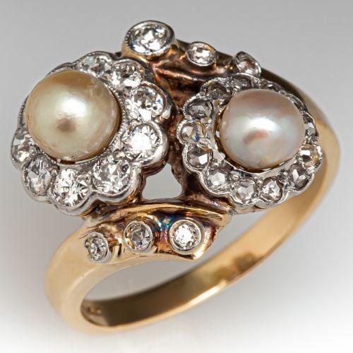 Vintage Twin Pearl Ring w/ Diamond Halos 14K Yellow Gold & Platinum
