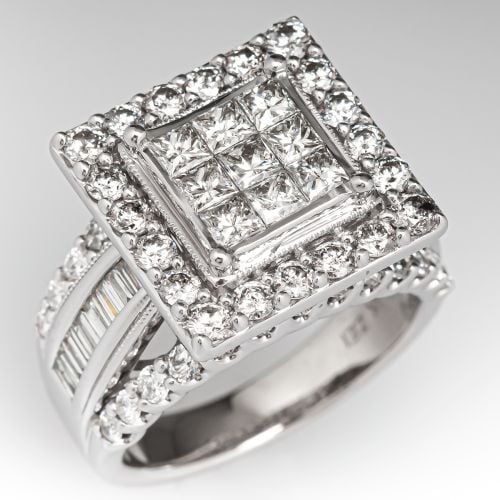 Invisible Set Princess Cut Diamond Ring 14K White Gold