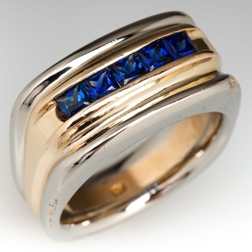 Men's 14K Two Tone Gold Sapphire Band Ring
