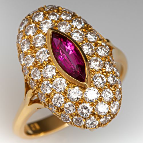 Marquise Cut Ruby Ring w/ Diamonds 18K Yellow Gold
