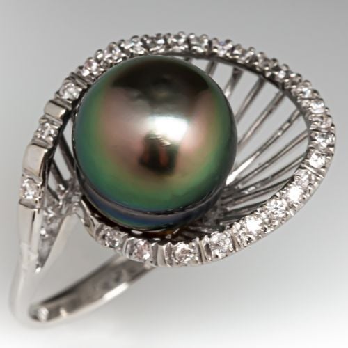 Tahitian Pearl & Diamond Ring 14K White Gold