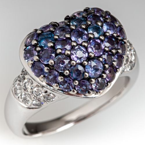 Heart Shaped Color Change Alexandrite Ring w/ Diamond Accents 18K White Gold