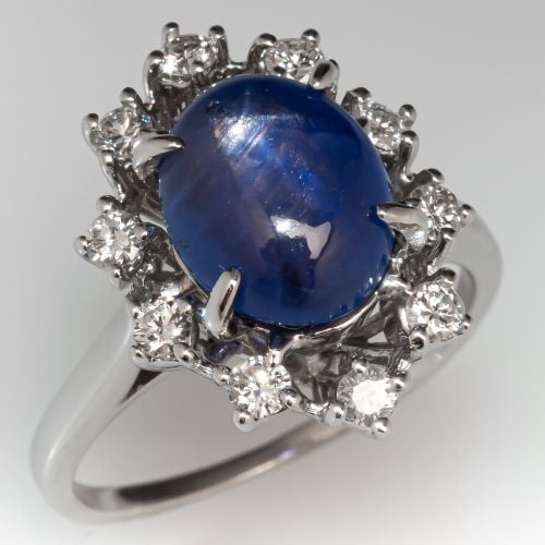Star Sapphire & Diamond Ring 14K White Gold