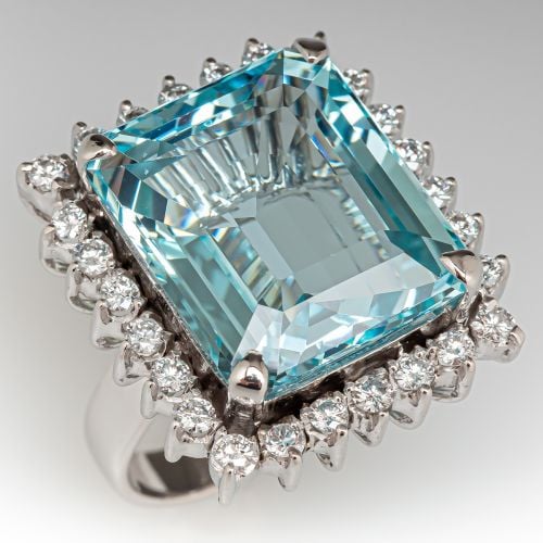 Vintage Aquamarine Cocktail Ring w/ Diamonds 18K White Gold