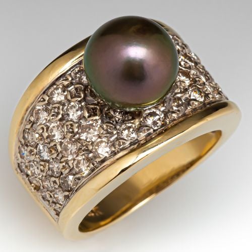 Tahitian Pearl Ring w/ Diamonds 14K Yellow Gold