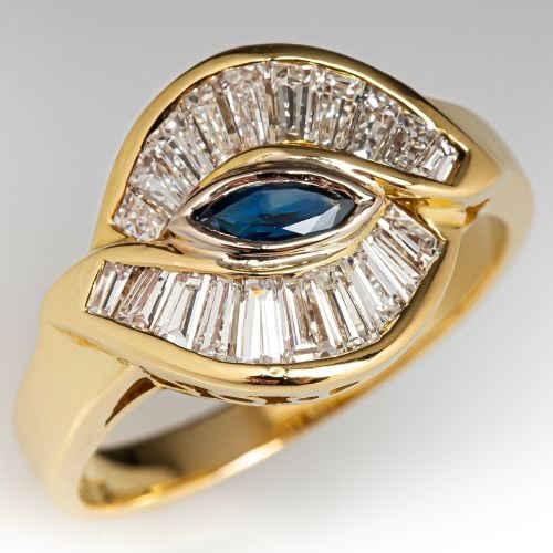Blue Sapphire & Diamond Ring 18K Yellow Gold
