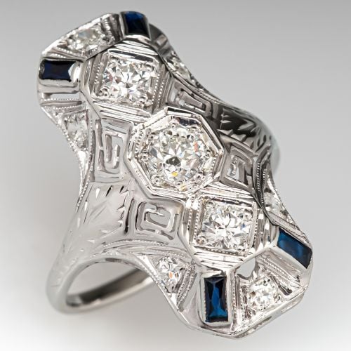 Art Deco Transitional Cut Diamond Dinner Ring w/ Blue Accents