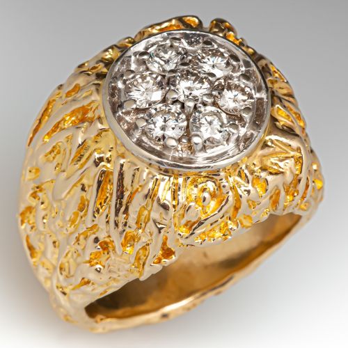 Mens Textured Diamond Ring 14K Yellow & White Gold