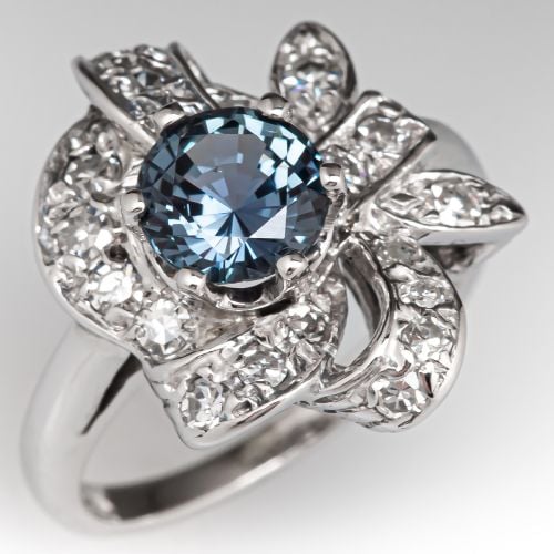 Retro Vintage Sapphire & Diamond Ring 14K White Gold