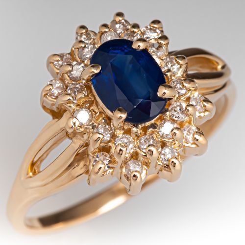 Gorgeous Oval Sapphire Diamond Halo Ring 14K Yellow Gold
