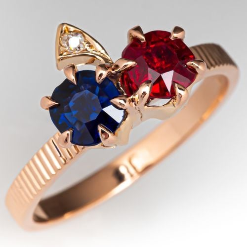 1940's Cherry Motif Sapphire & Ruby Ring 14K Rose Gold