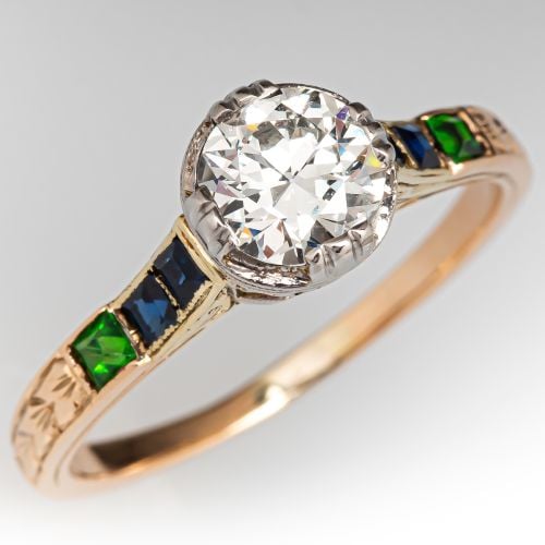 Circa 1920's 1 Carat Transitional Cut Diamond Ring w/ Colored Accents 1.00ct J/VS1 GIA