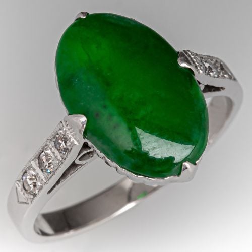 Untreated Jadeite Jade Ring w/ Diamonds 14K White Gold 