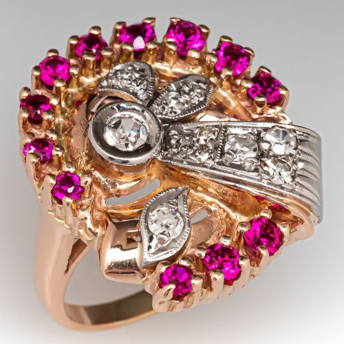 1940's Diamond & Lab Ruby Cocktail Ring 14K Rose & White Gold 