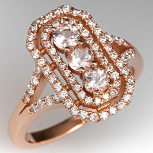 Pretty Morganite & Diamond Double Halo Ring 14K Rose Gold 