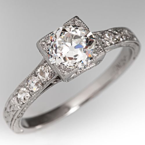 1920's Old Euro Diamond Engagement Ring Platinum .70ct H/SI2 GIA