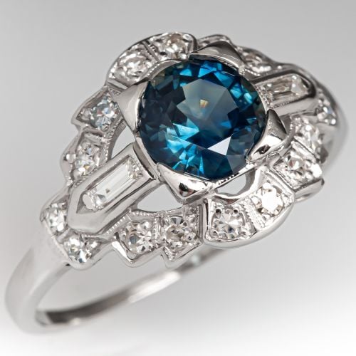 Beautiful Teal Sapphire Engagement Ring in Vintage Platinum Diamond Mounting