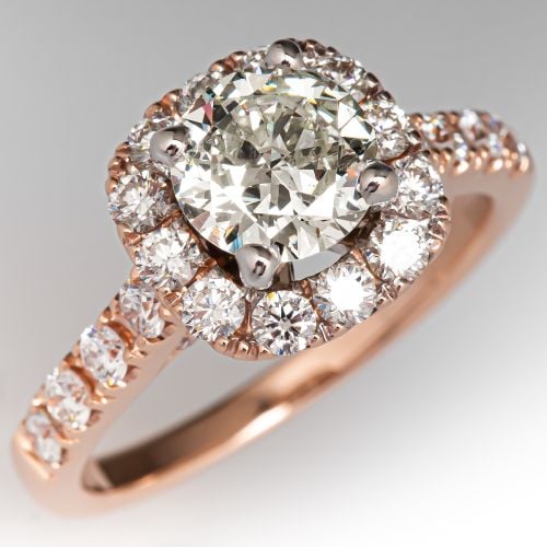 Round Brilliant Diamond Engagement Ring w/ Cushion Halo 14K Rose Gold