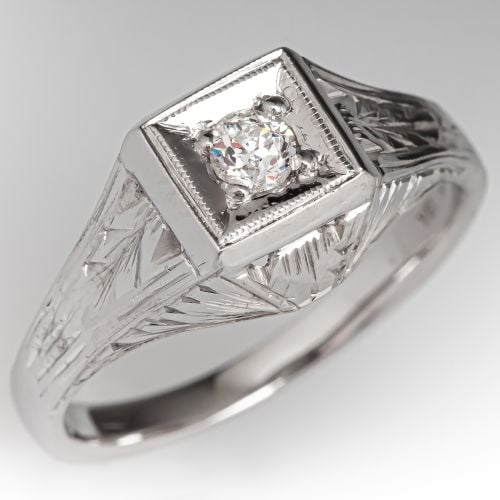 Lovely Engraved Old Euro Diamond Engagement Ring 18K White Gold