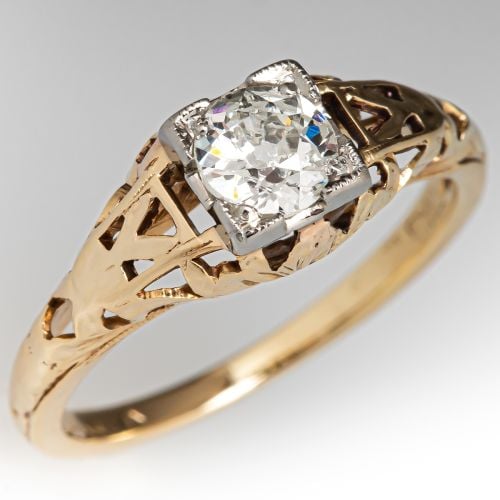 1930s Pierced Diamond Engagement Ring 14K Yellow & 18K White Gold