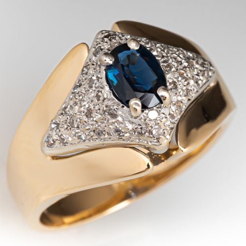 Lovely Oval Sapphire Diamond Ring 14K Yellow & White Gold