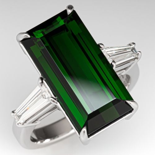 8Ct Elongated Emerald Cut Tourmaline Ring 18K White Gold
