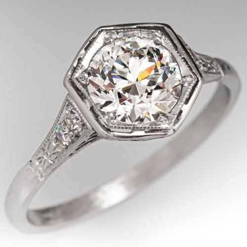 Hexagonal Framed Old Euro Diamond Engagement Ring Platinum 1.10Ct I/VS1 GIA