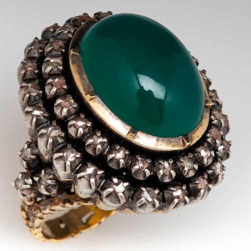 Fantastic Green Chalcedony Diamond Cocktail Ring 18K Yellow Gold & Sterling Silver