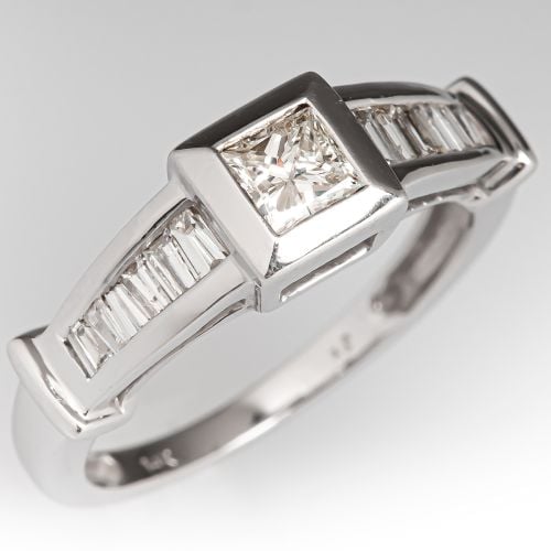 Bezel Set Princess Cut Diamond Ring 14K White Gold 
