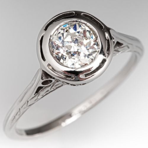 Vintage Bezel Set Old Mine Cut Diamond Solitaire Engagement Ring .67ct H/SI2