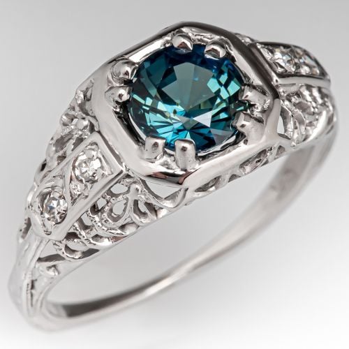 Vintage Filigree Teal Sapphire Engagement Ring 18K White Gold