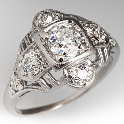 Circa 1920s Art Deco Old Mine Cut Diamond Engagement Ring Platinum .67ct G/VS2