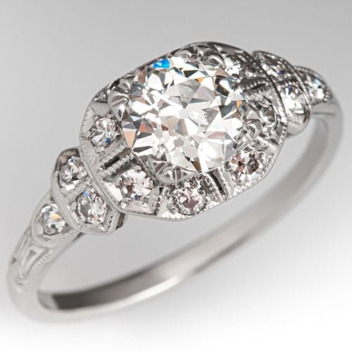 Art Deco Old European Cut Diamond Engagement Ring Platinum 1.03ct J/SI1 GIA