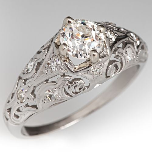 1920s Art Deco Old Euro Diamond Engagement Ring Platinum .57ct I/SI1