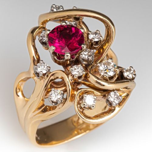 Beautiful Rubellite Tourmaline & Diamond Ring 14K Yellow Gold