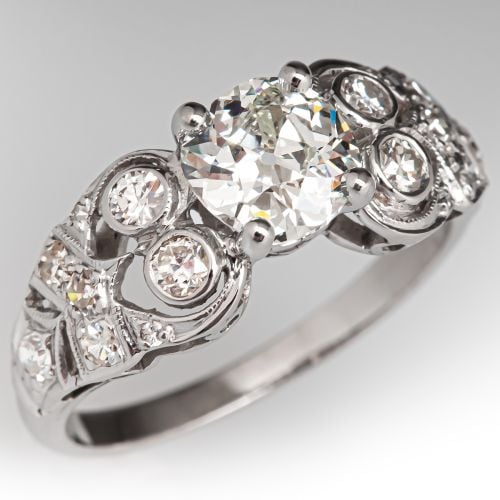 Antique Old Mine Cut Diamond Bezel Engagement Ring Platinum