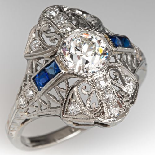 Circa 1920s Filigree Diamond Engagement Ring 18K White Gold .83CT H/VS1 GIA