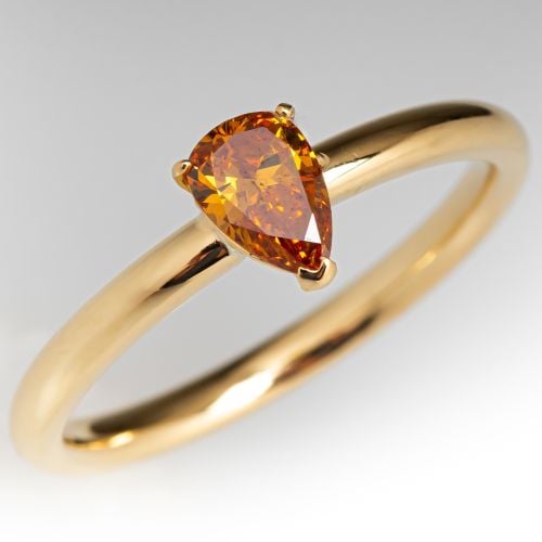 Fancy Intense Orangey-Yellow Pear Diamond Engagement Ring 18K Yellow Gold