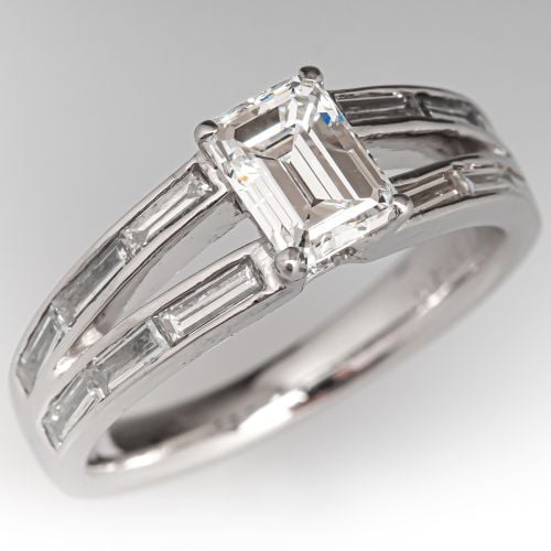 Split Shoulder Emerald Cut Diamond Engagement Ring Platinum .94Ct D/VVS1 GIA